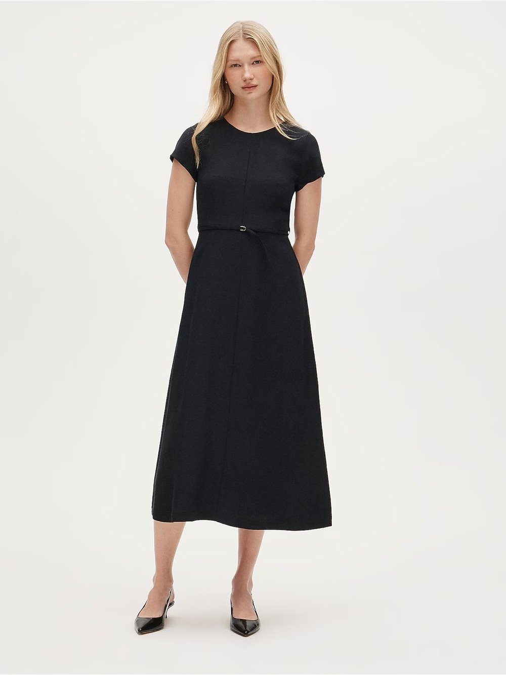 J. Crew Mathilde Dress Luster Canvas Black Size 8 Midi Shift Belted Office